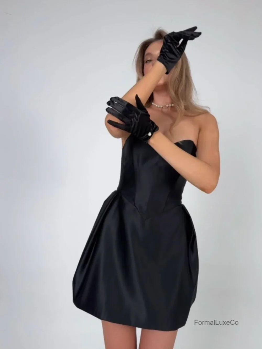 Elegant Stretch Satin Opera Gloves with Pearl Accent, Wrist Length Bridal Gloves